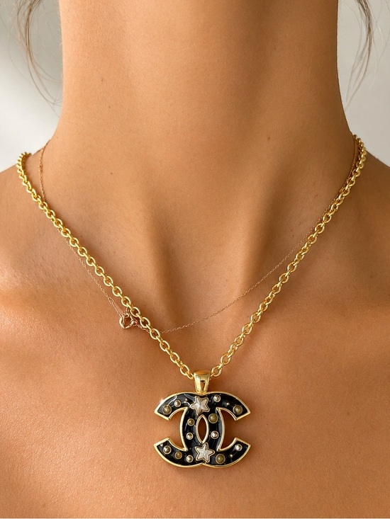 CHANEL Jewelry - CHANEL Gold Chain Necklace with Black Enamel CC Logo Pendant